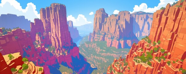 Digital illustration of a rocky canyon on a sunny day