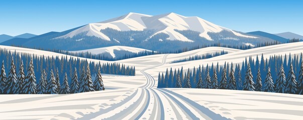 Digital illustration of a snow-covered road through a valley