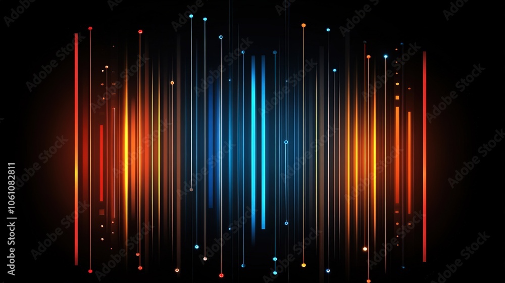 Poster horizontal gradient of orange and blue lights with glowing lines on a dark background, creating an a