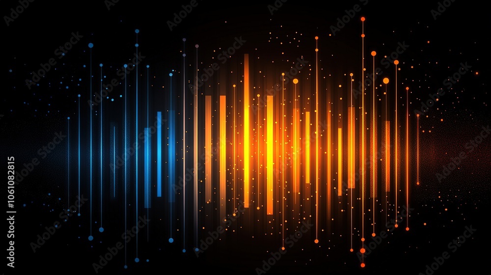 Poster horizontal gradient of orange and blue lights with glowing lines on a dark background, creating an a