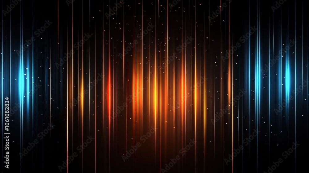 Poster horizontal gradient of orange and blue lights with glowing lines on a dark background, creating an a