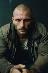 Obraz premium Man with stubble and short buzz cut hair, possibly a criminal, drug addict or homeless, looking intensely at the camera