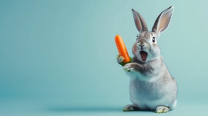 A rabbit sitting upright with a surprised look, holding a carrot as if its a microphone, in a comical pose that adds a touch of humor to its everyday life
