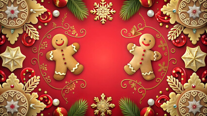 Festive christmas gingerbread cookies and ornaments on red holiday background