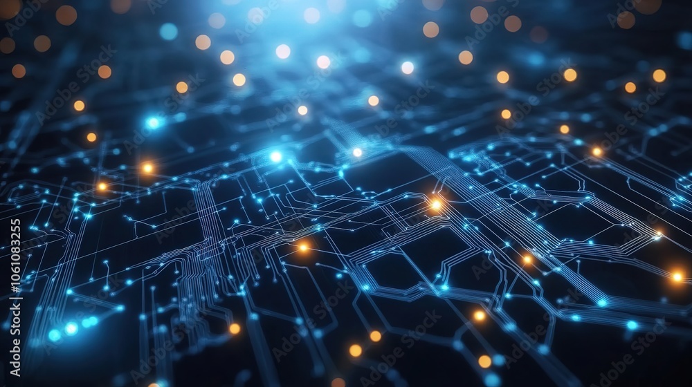 Poster abstract digital network circuit board background banner with glowing light and connecting data dots