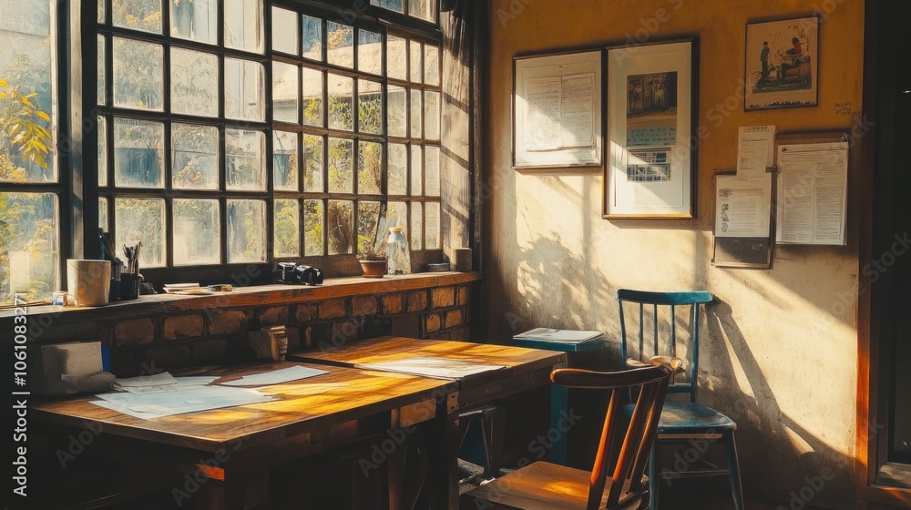 Poster a rustic desk with two chairs sits in a sunlit room with a large window and a wall adorned with fram