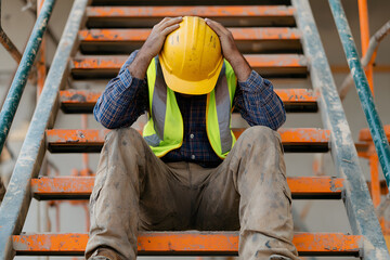 Sad Construction Worker Sitting on Metal Stairs at Work Holding Head | Stress, Fatigue, Mental Health in Construction, Challenges Faced by Workers