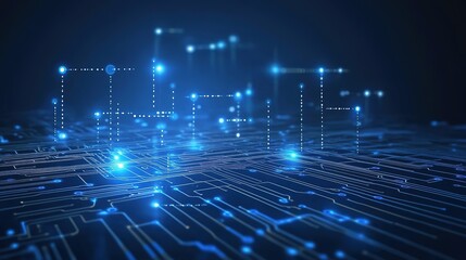 Obraz premium Abstract digital network circuit board background banner with glowing light and connecting data dots in blue and black colors. Big data technology concept.
