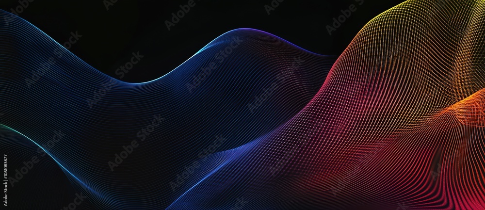 Poster digital background with glowing blue and orange dots on a dark wave, in a technology futuristic conc