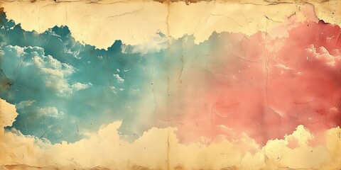 Abstract sky with clouds in soft tones of blue and coral blending together creating a serene atmosphere with a vintage texture in a gradient style emphasizing calmness and beauty