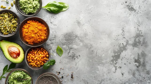 Selection of Clean Eating Options on Concrete Background