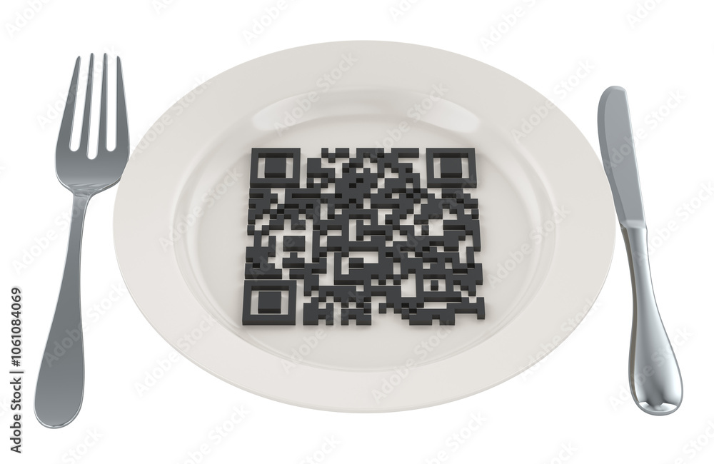 Poster dinner plate with qr code, 3d rendering isolated on transparent background