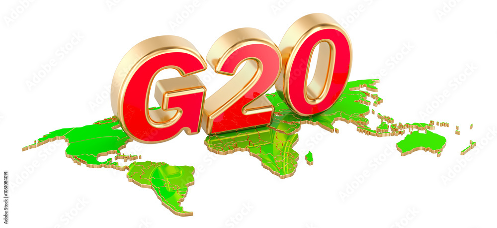 Aufkleber g20 meeting concept, g20 on the earth map. 3d rendering isolated on transparent background