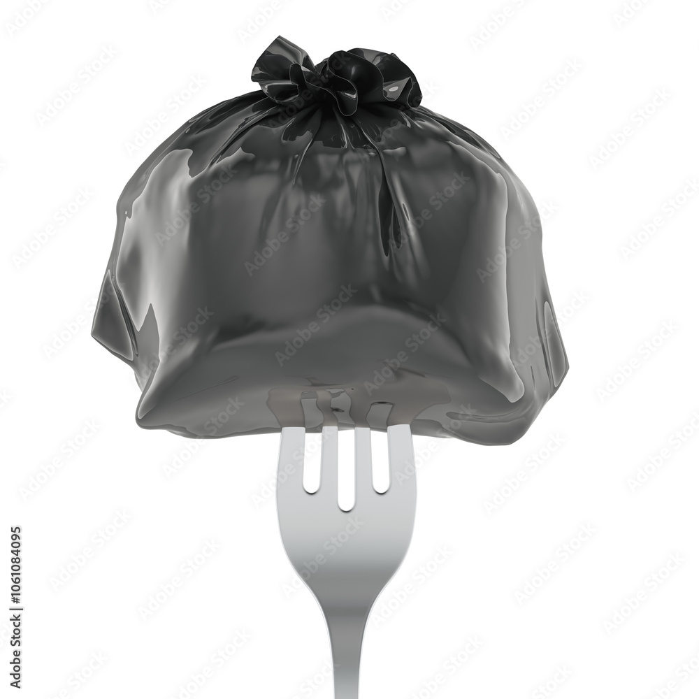 Poster fork with garbage bag. eating garbage, concept. 3d rendering isolated on transparent background