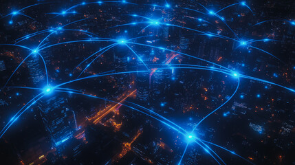 Fototapeta premium Smart digital city with connection cyber security network reciprocity over the cityscape . future smart wireless digital city and social media networking systems that connects people within the city