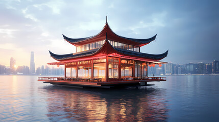 Obraz premium 3d render of a floating restaurant on sea backdrop, chinese building. Floating Cityscape. Illustration