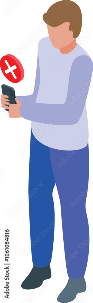Poster person is holding smartphone and deleting an app or unsubscribing from a service with red cross mark