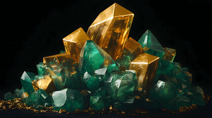 A black background with a pile of gold foiled paperweights on top of a stack of green crystals. Crystal Mines. Illustration