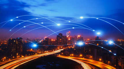 Smart digital city with connection cyber security network reciprocity over the cityscape . future smart wireless digital city and social media networking systems that connects people within the city