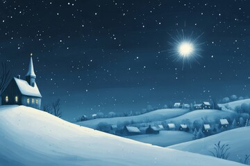 festive christmas card - snowy hilltop with a large star shining bright above a distant village at night, evoking the peace and magic of Christmas