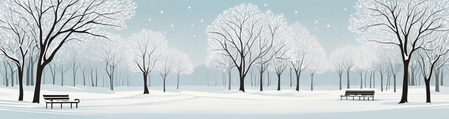 Fototapeta premium A woman strolls through a deserted winter park, surrounded by bare trees and a peaceful snowy landscape, enjoying the tranquility of a cold day