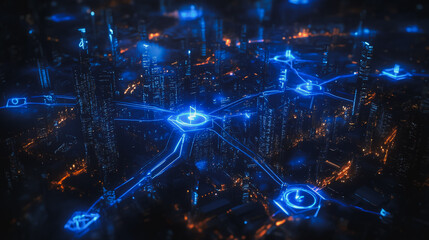 Fototapeta premium Smart digital city with connection cyber security network reciprocity over the cityscape . future smart wireless digital city and social media networking systems that connects people within the city