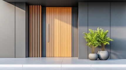 Elegant Minimalist Entrance with Wooden Door and Potted Plants