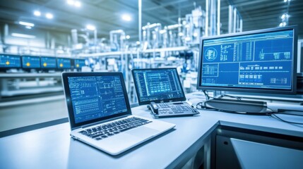 Advanced Industrial Automation Control Room with Multiple Displays and Laptops