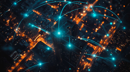 Fototapeta premium Smart digital city with connection cyber security network reciprocity over the cityscape . future smart wireless digital city and social media networking systems that connects people within the city