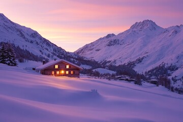 hotel chalet in the Alps at sunset, the warm glow of lights contrasting against the cold, snowy winter landscape