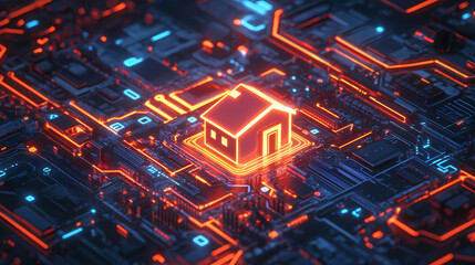 A digital representation of cyber fortress protecting fintech applications, featuring glowing house icon on circuit board. image conveys sense of security and innovation. Cyber Fortress. Illustration