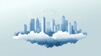 Fototapeta premium A floating cityscape above clouds, blending nature and urban architecture. Floating Cityscape. Illustration