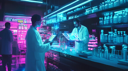 A futuristic bazaar where holographic traders exchange medical data as digital artifacts. Futuristic Bazaar. Illustration