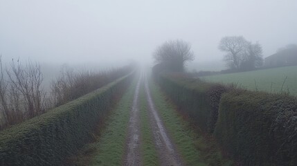 Misty Country Road Winding Through Foggy Landscape