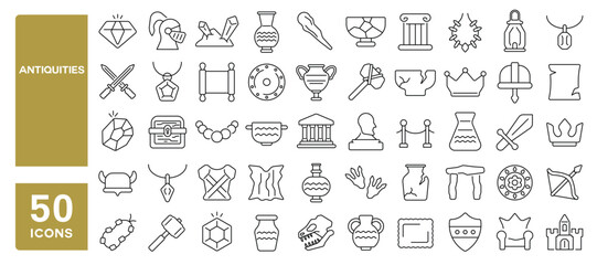 Set of 50 line icons related to antiquities, ancient, art, clay, vintage, jewel, old, history, sculpture, Editable stroke. Vector illustration