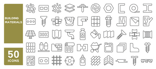 Set of 50 line icons related to building materials, concrete, brick, sand, cement, tiles, wood, stones, metal, plastic, Editable stroke. Vector illustration