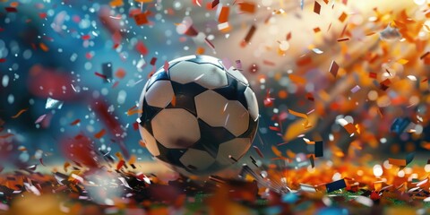 A jubilant image depicting a soccer ball being showered with vibrant, colorful confetti, signifying celebration and achievement in the sport.