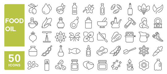 Set of 50 line icons related to food oil, olive, rapeseed, canola, sunflower, palm, ghee, peanut, coconut, sesame, cook, oil, bottle, corn, Editable stroke. Vector illustration