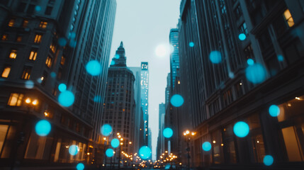 Obraz premium Smart digital city with connection cyber security network reciprocity over the cityscape . future smart wireless digital city and social media networking systems that connects people within the city