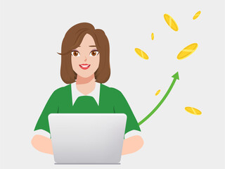 Business woman using a laptop computer to communication character. Isolated vector illustration.