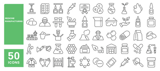 Set of 50 line icons related to medicine manufacturing, medical, production, pharma, factory, for, industry, science, machine, capsule, Editable stroke. Vector illustration