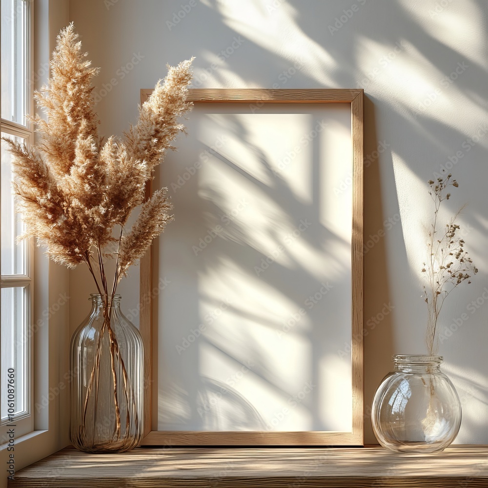 Poster luminous natural light streams through windows in a bedroom as a thin a4 frame mockup sits in a draw
