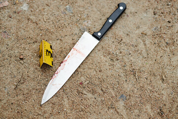 Top view of knife with red traces at crime scene as evidence tagged by number, copy space