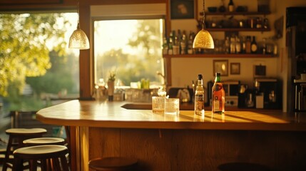 A wooden kitchen bar with three glasses and two bottles on the countertop, two hanging light fixtures, a window overlooking an outdoor patio, and sunlight streaming through the window.