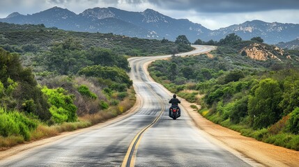 Fototapeta premium Motorcycle scenic road man travel adventure freedom landscape journey. AI generated