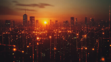 Fototapeta premium Smart digital city with connection cyber security network reciprocity over the cityscape . future smart wireless digital city and social media networking systems that connects people within the city