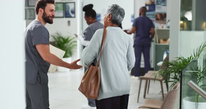 Mature woman, nurse and hospital for medical services, appointment or consultation with professional. Female person, man and welcome with handshake for checkup, doctors visit or examination in clinic