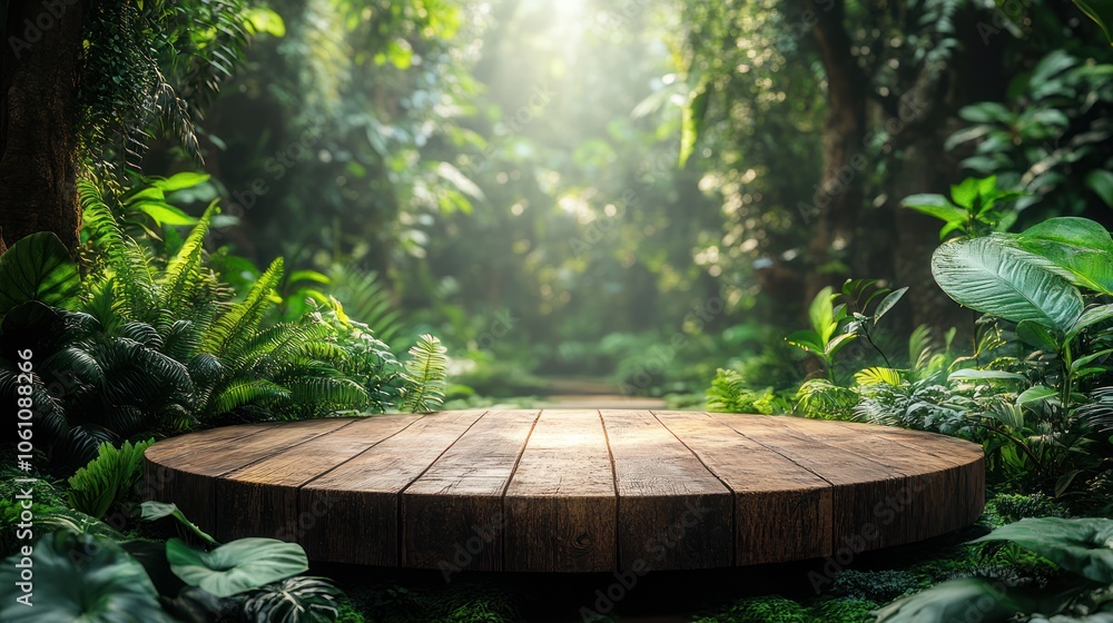 Poster a round wooden platform in a lush green jungle setting with sunlight filtering through the canopy.