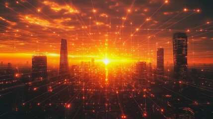 Obraz premium Smart digital city with connection cyber security network reciprocity over the cityscape . future smart wireless digital city and social media networking systems that connects people within the city