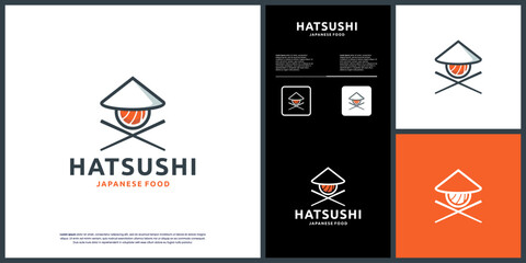 Japanese traditional hat and sushi concept, restaurant menu, logo design inspiration.